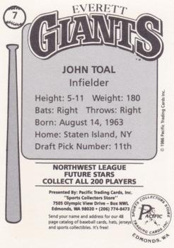 1986 Cramer Everett Giants #7 John Toal Back
