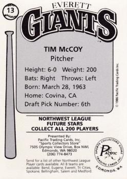 1986 Cramer Everett Giants #13 Tim McCoy Back