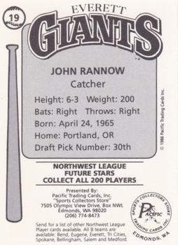 1986 Cramer Everett Giants #19 John Rannow Back