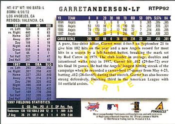 1998 Score Rookie & Traded - Showcase Series #RTPP92 Garret Anderson Back