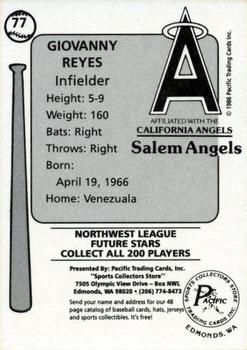 1986 Cramer Salem Angels #77 Giovanny Reyes Back