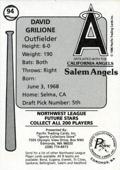 1986 Cramer Salem Angels #94 David Grilione Back