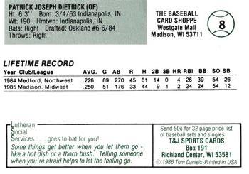 1986 Madison Muskies #8 Pat Dietrick Back