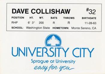 1986 University City Spokane Indians #NNO Dave Collishaw Back