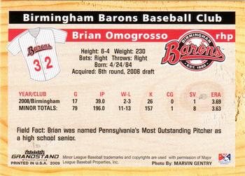 2009 Grandstand Birmingham Barons #NNO Brian Omogrosso Back