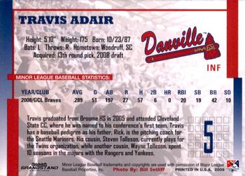 2009 Grandstand Danville Braves #NNO Travis Adair Back