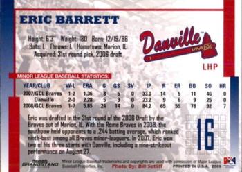 2009 Grandstand Danville Braves #NNO Eric Barrett Back