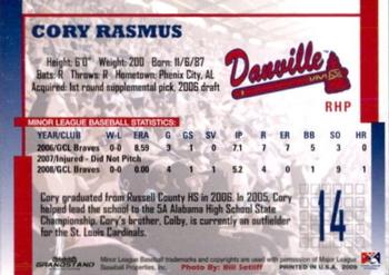 2009 Grandstand Danville Braves #NNO Cory Rasmus Back