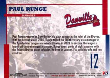2009 Grandstand Danville Braves #NNO Paul Runge Back