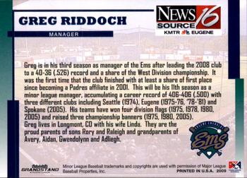 2009 Grandstand Eugene Emeralds #NNO Greg Riddoch Back