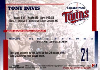 2009 Grandstand Elizabethton Twins #NNO Tony Davis Back