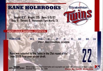 2009 Grandstand Elizabethton Twins #NNO Kane Holbrooks Back