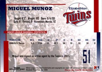 2009 Grandstand Elizabethton Twins #NNO Miguel Munoz Back