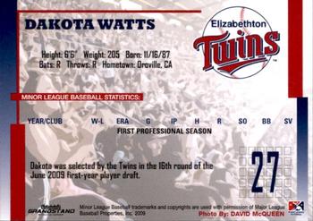 2009 Grandstand Elizabethton Twins #NNO Dakota Watts Back