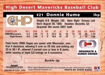 2009 Grandstand High Desert Mavericks #NNO Donnie Hume Back