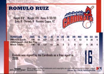 2009 Grandstand Johnson City Cardinals #NNO25 Romulo Ruiz Back