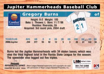 2009 Grandstand Jupiter Hammerheads #NNO Gregory Burns Back