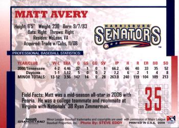 2009 Grandstand Harrisburg Senators #NNO Matt Avery Back