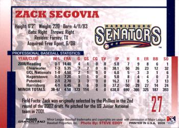 2009 Grandstand Harrisburg Senators #NNO Zack Segovia Back