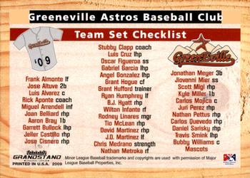 2009 Grandstand Greeneville Astros #NNO Checklist Back