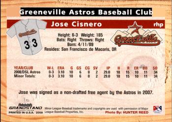 2009 Grandstand Greeneville Astros #NNO Jose Cisnero Back