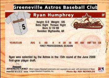 2009 Grandstand Greeneville Astros #NNO Ryan Humphrey Back