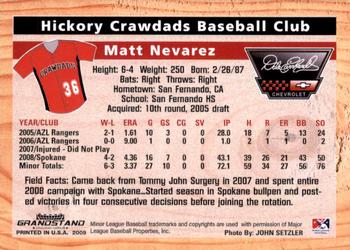 2009 Grandstand Hickory Crawdads #NNO Matt Nevarez Back