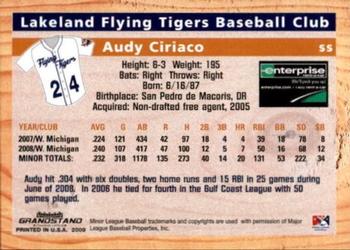 2009 Grandstand Lakeland Flying Tigers #NNO Audy Ciriaco Back