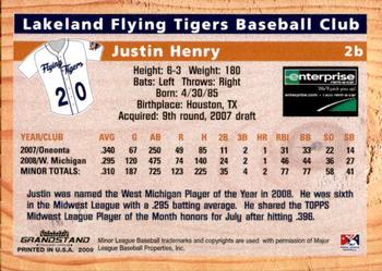2009 Grandstand Lakeland Flying Tigers #NNO Justin Henry Back