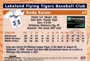 2009 Grandstand Lakeland Flying Tigers #NNO Kody Kaiser Back
