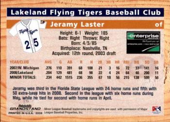 2009 Grandstand Lakeland Flying Tigers #NNO Jeramy Laster Back