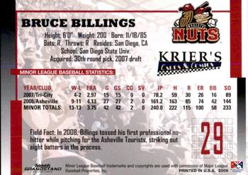 2009 Grandstand Modesto Nuts #NNO Bruce Billings Back