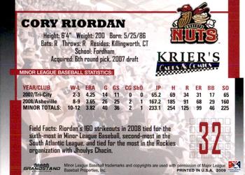 2009 Grandstand Modesto Nuts #NNO Cory Riordan Back