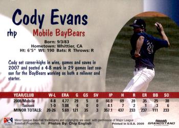2009 Grandstand Mobile BayBears #NNO Cody Evans Back