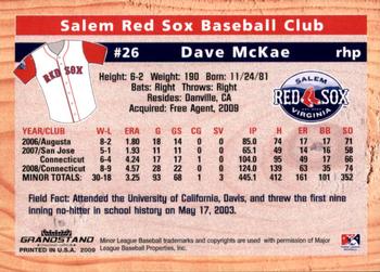2009 Grandstand Salem Red Sox #NNO Dave McKae Back
