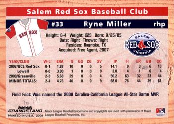 2009 Grandstand Salem Red Sox #NNO Ryne Miller Back