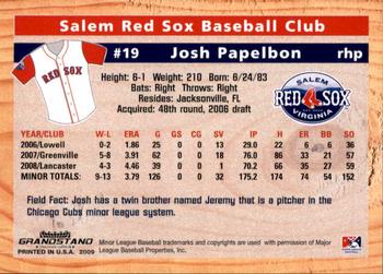 2009 Grandstand Salem Red Sox #NNO Josh Papelbon Back