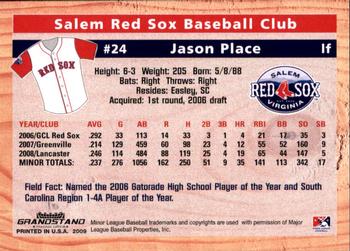 2009 Grandstand Salem Red Sox #NNO Jason Place Back