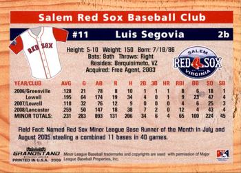 2009 Grandstand Salem Red Sox #NNO Luis Segovia Back