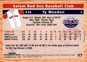 2009 Grandstand Salem Red Sox #NNO Ty Weeden Back