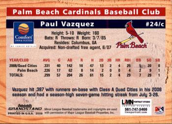 2009 Grandstand Palm Beach Cardinals #NNO Paul Vazquez Back