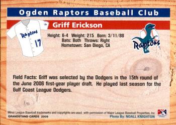 2009 Grandstand Ogden Raptors #NNO Griff Erickson Back