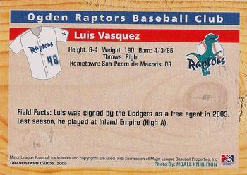 2009 Grandstand Ogden Raptors #NNO Luis Vasquez Back