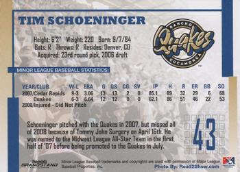2009 Grandstand Rancho Cucamonga Quakes #NNO Tim Schoeninger Back