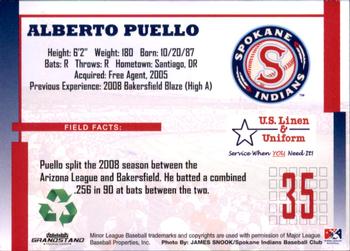 2009 Grandstand Spokane Indians #NNO Alberto Puello Back