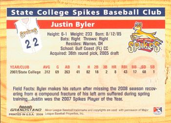 2009 Grandstand State College Spikes #NNO Justin Byler Back
