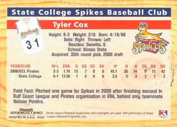 2009 Grandstand State College Spikes #NNO Tyler Cox Back