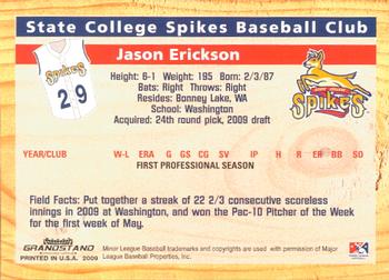 2009 Grandstand State College Spikes #NNO Jason Erickson Back