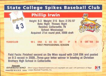 2009 Grandstand State College Spikes #NNO Phillip Irwin Back