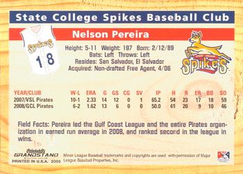 2009 Grandstand State College Spikes #NNO Nelson Pereira Back